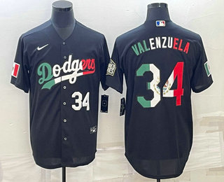Mens Los Angeles Dodgers #34 Fernando Valenzuela Number Mexico Black Cool Base Stitched Baseball Jersey